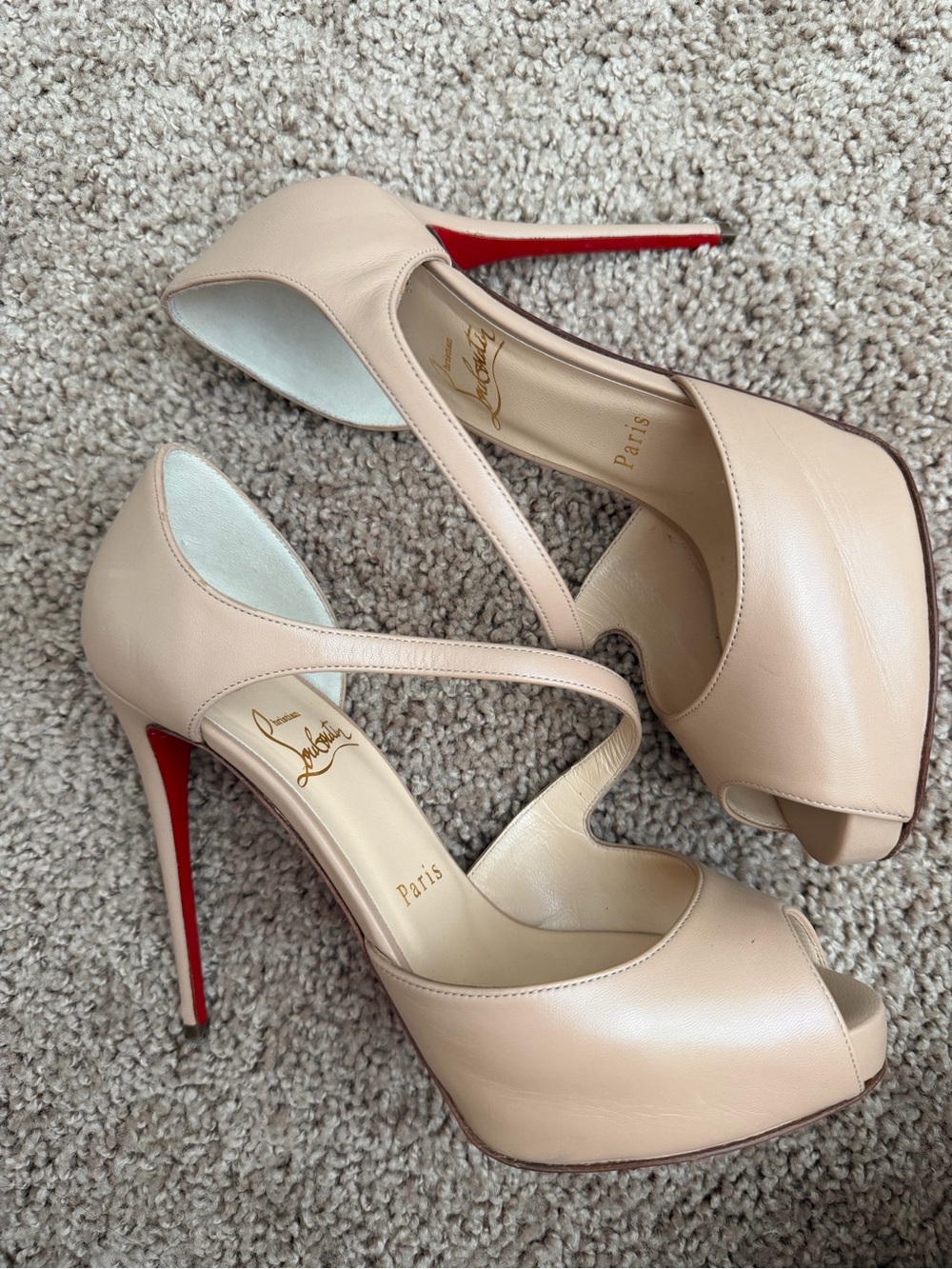 Christian Louboutin Beige Peep-Toe Stiletto Pumps with Red Soles